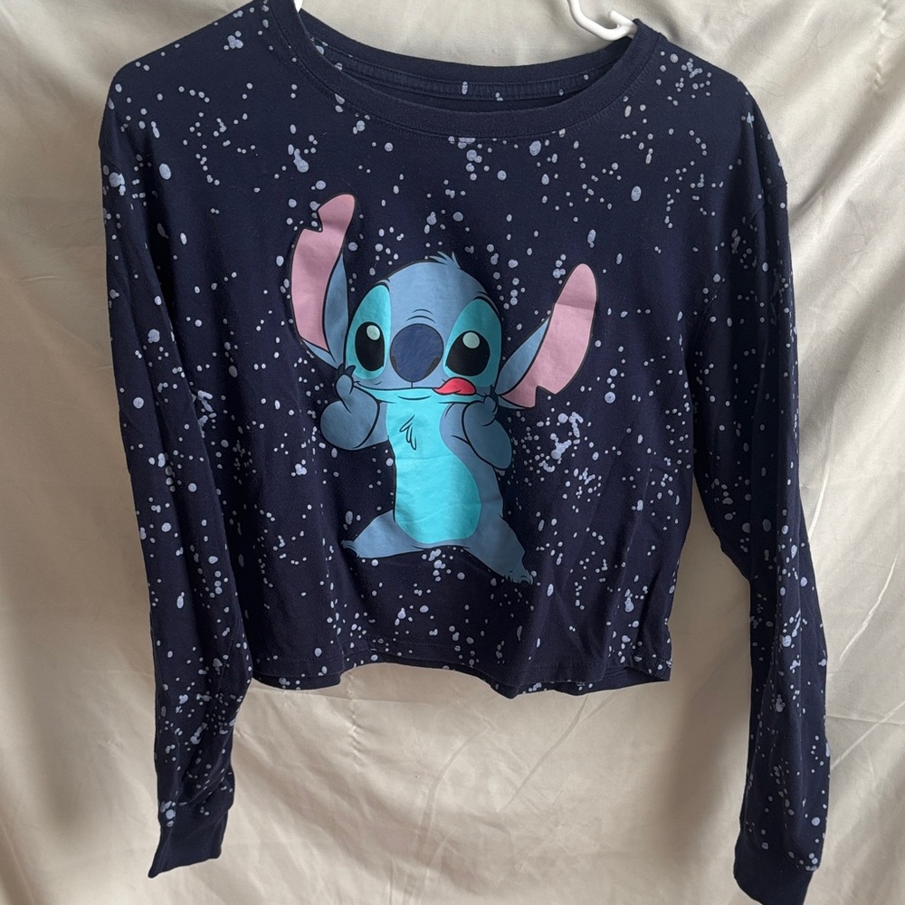 Disney Women’s Long Sleeve Stitch crop Tee - Navy